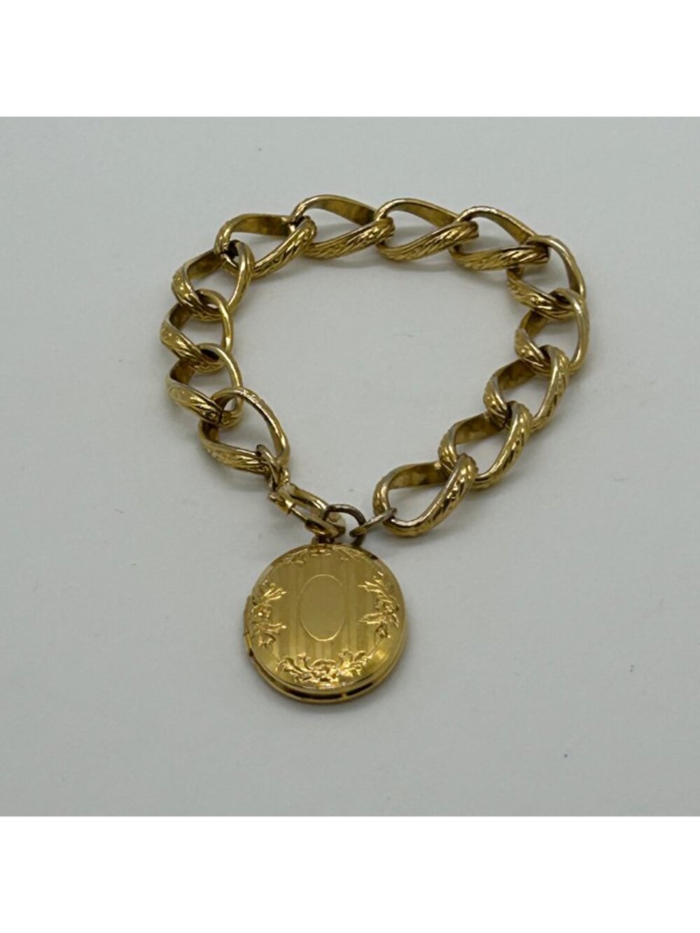 Vintage Gold Locket Charm Bracelet Chunky Textured Curb Link Chain Estate Jewelr - Picture 9 of 11